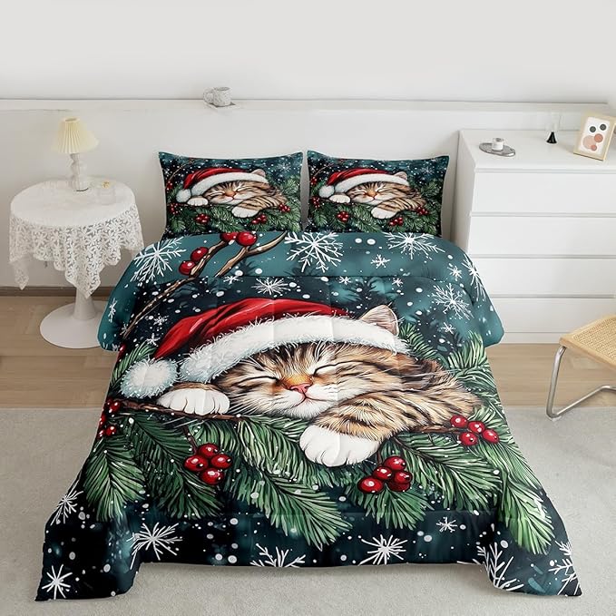 Cute Cat Comforter Set King Size,Winter Holly Berries Snowflake Kids Bedding Set,Animal Merry Christmas Poinsettia Quilt Comforter,Dark Green Duvet Insert,2 Pillowcases