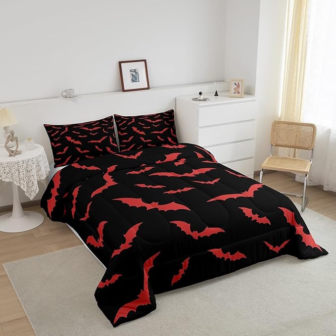 Erosebridal Bat Bedding Set Halloween Comforter Set with 2 Pillow Cases Red Bats Animals Quilt King Size for Kids Boys Bedroom Holiday Gothic Spooky Style Quilt