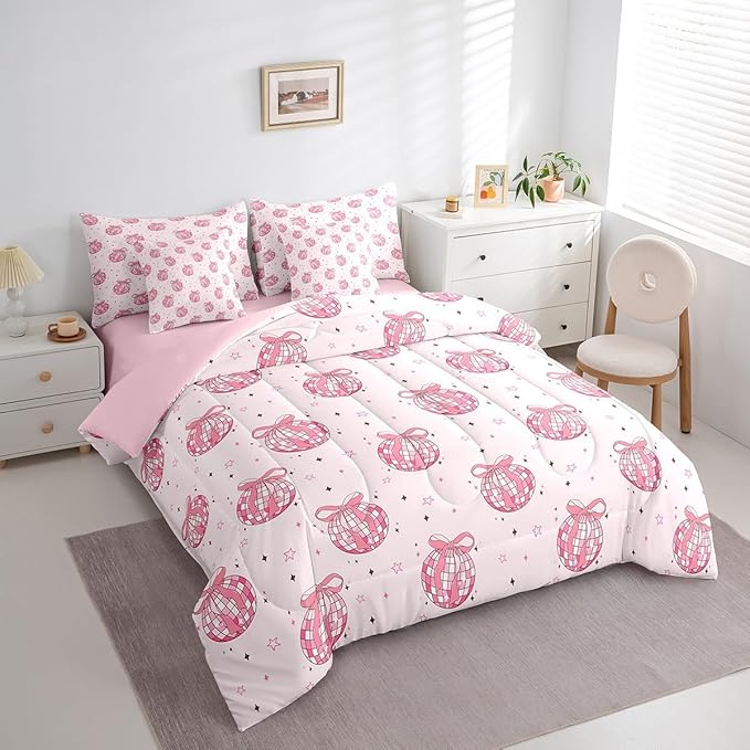 7 Pieces Bowknot Princess Kid Comforter Set Full,Disco Crystal Ball Western Cowgirl Bedding Set,Star Bow Tie Sweet Romantic Pink Dreamy（Comforter+Fitted+Flat Sheet+2 Pillowcases+2 Throw Pillow Covers）