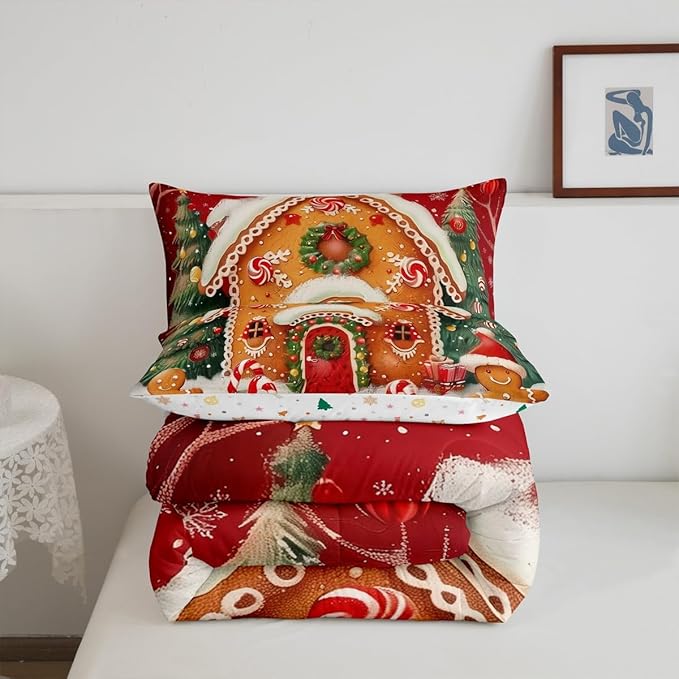 jejeloiu Kids Christmas Theme Comforter Set Toddler Xmas Tree Gingerbread Man Bedding Set for Boys Girls Teens Candy Cane House Winter Happy New Year Duvet Quilt Room Decor