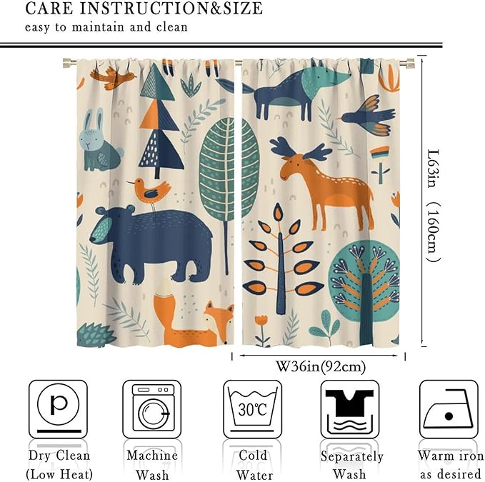 Kids Forest Animal Curtains, Rustic Cartoon Cute Wild Animal Window Treatments Woodland Safari Animal Fox Deer Bear Window Drapes for Girls Boys Nursery Toddler Bedroom 72x63in