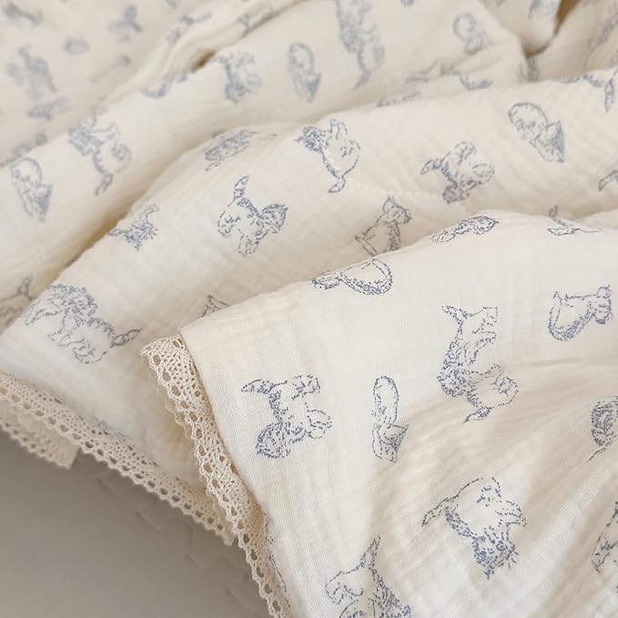 BuLuTu Baby Crib Quilt Cotton Muslin Toddler Blanket for Kids Boys Girls Soft Breathable Toddler Comforter Nursery Quilted Blankets with Lace Edges, 47x59 Inches, Blue Cat Pattern, No Pillow