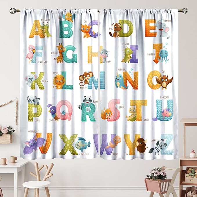 Kids Alphabet Curtains Educational Baby Cartoon Animals Colorful Cute Curtain with Rod Pocket for Nursery Living Room Home Decor Drapes Window Treatments 2 Panels Set 55x63in
