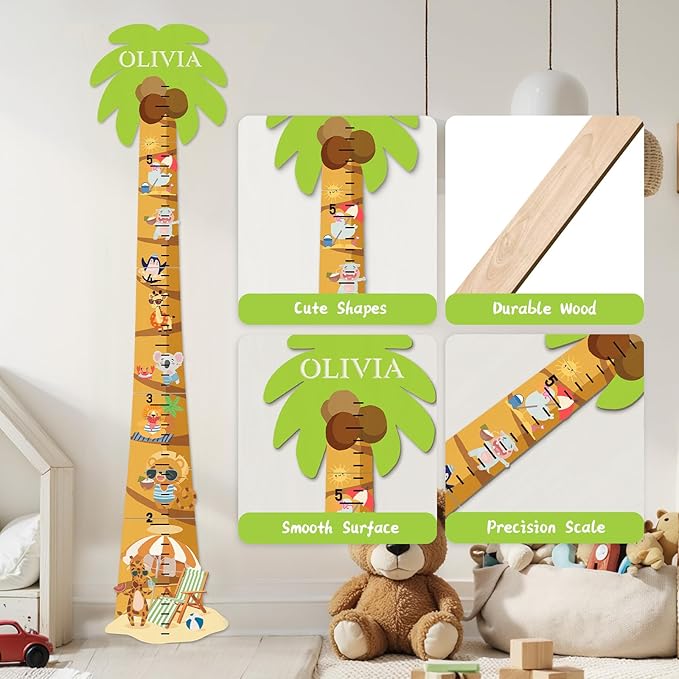 Personalized Name Growth Chart for Kids, Coconut Beach Children's Height Growth Chart Wall Board, Precision Height Measuring Instrument for Nursery Room, Removable and Easy to Store