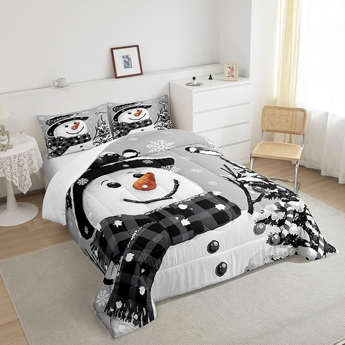 Feelyou Kids Christmas Theme Decorations Bedding Set Xmas Snowman Comforter Set for Boys Girls Snowflake Kawaii Cute Grey Bedroom Collection King Size
