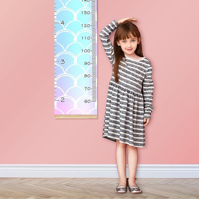 Personalized Kids Name Growth Chart Ruler for Wall Wood Frame Height Measure Chart 13.4x56 in Linen Hanging Height Growth Chart Rainbow Mermaid Kids Room Decor