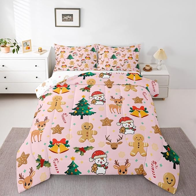 Feelyou Merry Christmas Bedding Set Soft for Boys Girls, Gingerbread Man Comforter Set King Size Cute Deer Duvet Quilt Microfiber Christmas Tree 3 Pcs with 2 Pillow Cases