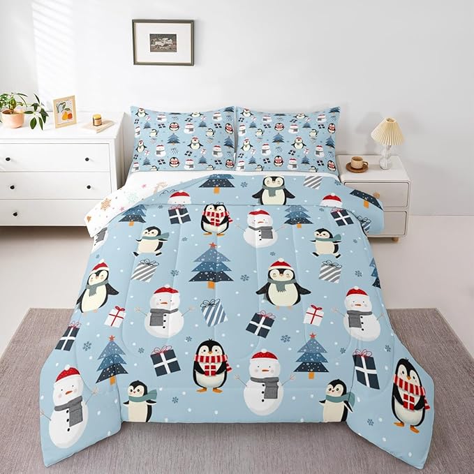 Feelyou Merry Christmas Bedding Set Soft for Boys Girls, Penguin Comforter Set Toddler Size Xmas Tree Snowman Duvet Quilt Microfiber Gift Snowflake Bedroom Decor 2 Pcs with 1 Pillow Cases