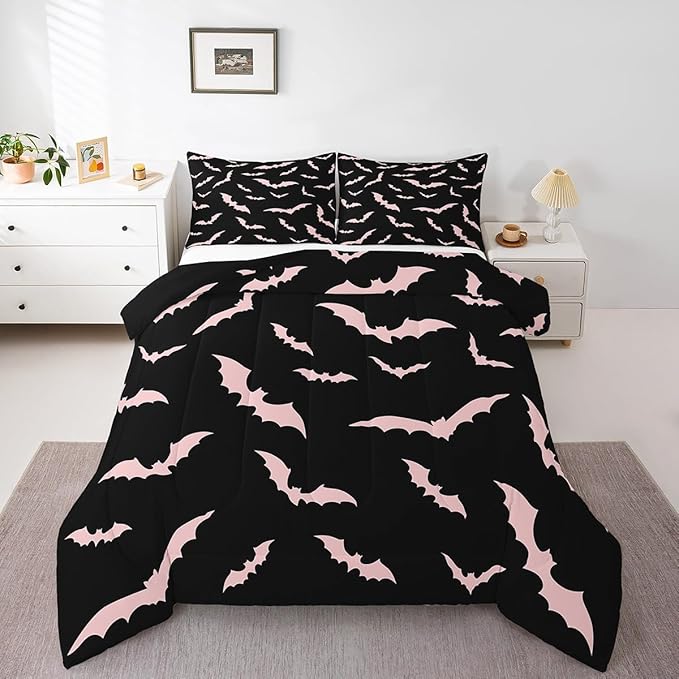 Erosebridal Bat Comforter Set Halloween Pink Bats Bedding Set with 2 Pillow Cases Silhouette Gothic Quilt King Size for Kids Boys Youth Gothic Spooky Bedding Comforter Sets,Black
