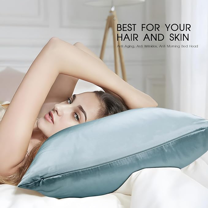 100% Mulberry Silk Zippered Bed Pillowcase for Hair and Skin,Zip Up Real Silk Large Pillow Case,19 Momme Grade 6A,1pc,Pale Blue,Super King Size 20x36 Inches
