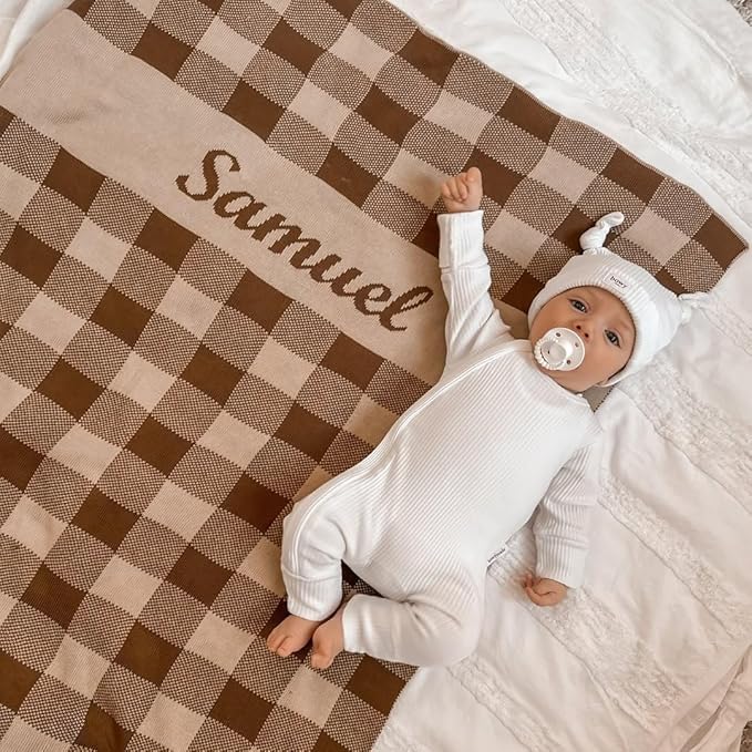 Personalized Gingham Name Blanket – 100% Organic Cotton Customized Baby Blanket, Custom Name, Crib 36x60, Gift for Baby Shower, Birthday Present, Girls and Boys, Toddlers Kids - Made in America