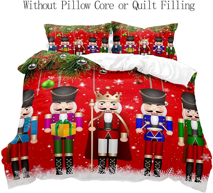 LUVIVIHOME 3PCS Christmas Nutcracker Duvet Cover Queen Bedding Set, Teen Boys Girls Kids Bedding, Christmas Balls Snowflake Winter Holiday Festival Xmas Gifts Red Comforter Quilt Cover, 2 Pillow Shams