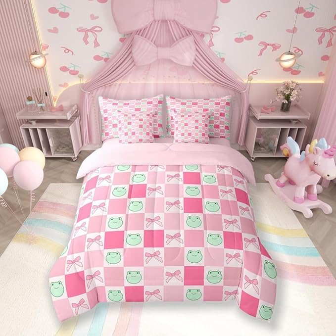 7 Pieces Cartoon Frog Kids Comforter Set Queen,Pink Bowknot Bow Tie Butterfly Knot Bedding Set,Geometric Plaid Grid Patchwork Cute（Comforter+Fitted+Flat Sheet+2 Pillowcases+2 Throw Pillow Covers）