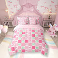 7 Pieces Cartoon Frog Kids Comforter Set Full,Pink Bowknot Bow Tie Butterfly Knot Bedding Set,Geometric Plaid Grid Patchwork Cute（Comforter+Fitted+Flat Sheet+2 Pillowcases+2 Throw Pillow Covers）