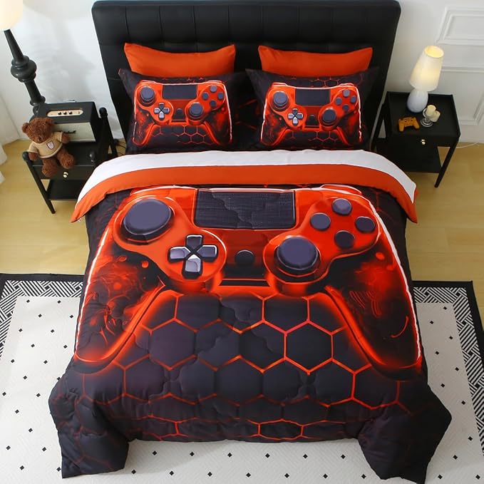 Wajade Game Console Comforter Set for Boys 7 Piece Orange 3D Gaming Geometric Bedding Sets for Kids Full Size as Birthday with Comforter, Sheet Set, Pillowcase and Sham