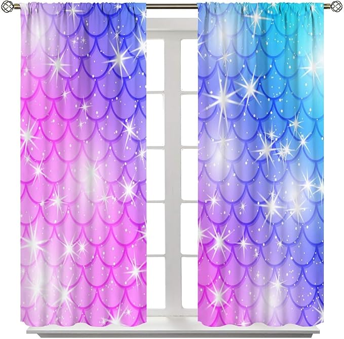Mermaid Blackout Curtains, Kids Cartoon Blue and Pink Ocean Mermaid Scale Pattern Decoration for Girls Bedroom Nursery Curtains 52x84 Inch
