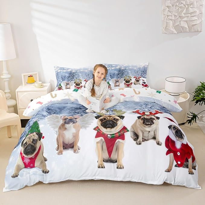 Dog Xmas Duvet Cover Cute Pug Dog Christmas Tree Style Bedding Set 3D Animal Comforter Cover for Boys Girls Children Teens Bedroom Decor White Blue Bedspread Cover Full Size with 2 Pillow Case
