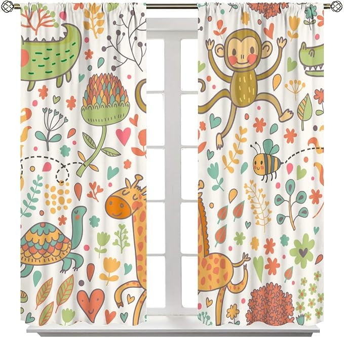 Cute Monkeys Curtains, Zoo Theme Cartoon Funny Animals Crocodile Giraffe Turtle with Flowers Print Thermal Insulation Window Drapes for Kids Boys Girls Baby Bedroom Living Room 42x45 Inch