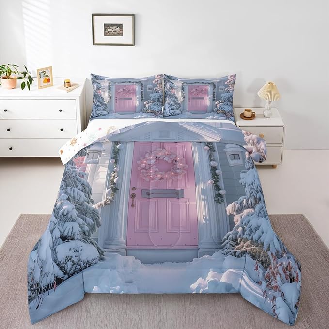 Feelyou Winter Snowscape Bedding Set Soft for Boys Girls, Merry Christmas Comforter Set King Size Pink Door Duvet Quilt Microfiber Garland Xmas Tree Bedroom Decor 3 Pcs with 2 Pillow Cases