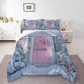 Feelyou Winter Snowscape Bedding Set Soft for Boys Girls, Merry Christmas Comforter Set Queen Size Pink Door Duvet Quilt Microfiber Garland Xmas Tree Bedroom Decor 3 Pcs with 2 Pillow Cases