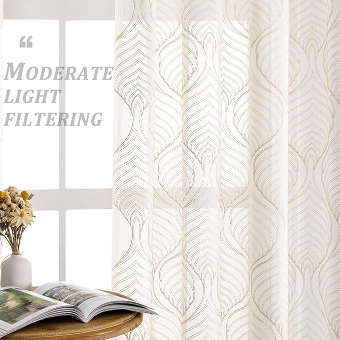 VISIONTEX Sheer Curtains 63 Inch Length 2 Panels Set Beige Moroccan Embroidery Texture Geometric Rod Pocket Ivory White Voile Tulle Semi Window Treatment Pair for Bedroom Living Room 54 x 63 Inches