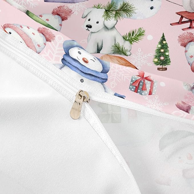 Manfei Christmas Duvet Cover Set Full Size, Cute Snowman Dogs Snowflake Comforter Cover with 2 Pillowcases, New Year Pink Bedding Set 3pcs for Kids Boys Girls Lightweight Bedspread Cover,No Comforter