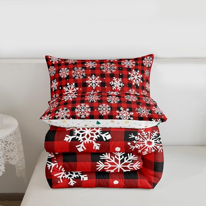 Feelyou Christmas Comforter Set King Size Red Black Plaid Bedding Set for Kids Boys Girls Winter Snow Duvet Quilt Snowflake Red Bedroom Decor Microfiber 3 Pcs with 2 Pillow Cases