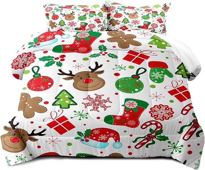 LUVIVIHOME 3PCS Christmas Comforter Set Full Size, Boys Girls Kids Bedding, Cute Reindeer Snowflake Gingerbread Candy Cane Snowflake Holiday Christmas Bedding, Green Red White Quilt, 2 Pillow Shams