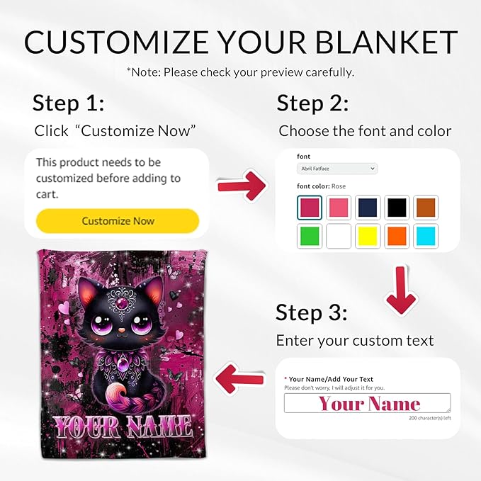 Custom Girls Throw Blanket - 50" x 60" Personalized Cat Blanket for Teens, Women - Cute Black Throws Gifts Stuff for Couch, Travel