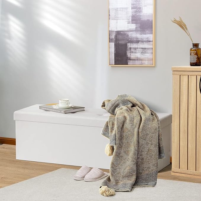 Safeplus Folding Storage Ottoman Bench, 45" Large Ottoman Space-Saving Bench,Faux Leather Storage Chest with Memory Foam,Footrest Padded Stool Seat for Bedroom Toy Chest, White,Leather