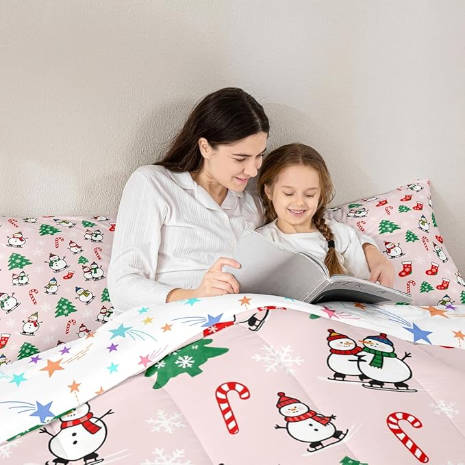 Feelyou Pink Christmas Comforter Set Toddler Size Snowman Bedding Set for Kids Boys Girls Snowflake Duvet Quilt Xmas Tree Bedroom Decor Microfiber 2 Pcs with 1 Pillow Cases