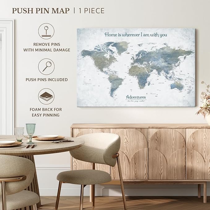 ElephantStock - Home With You II Push Pin World Map Wall Art - Horizontal Canvas Wall Art - Living Room Wall Decor - Digital Art Map Canvas Art - Blue And Gray Decor - 12" x 8"