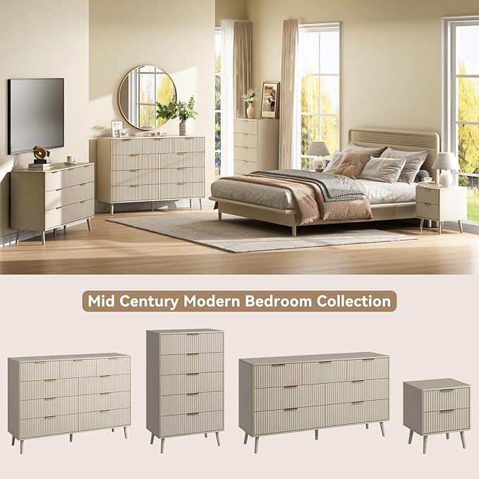 CARPETNAL Fluted 9 Drawer Dresser for Bedroom, 55" Wide Wooden Chest of Drawers with Rounded Corners, Gold Handles, Modern Storage Organizer for Bedroom, Hallway (Beige)
