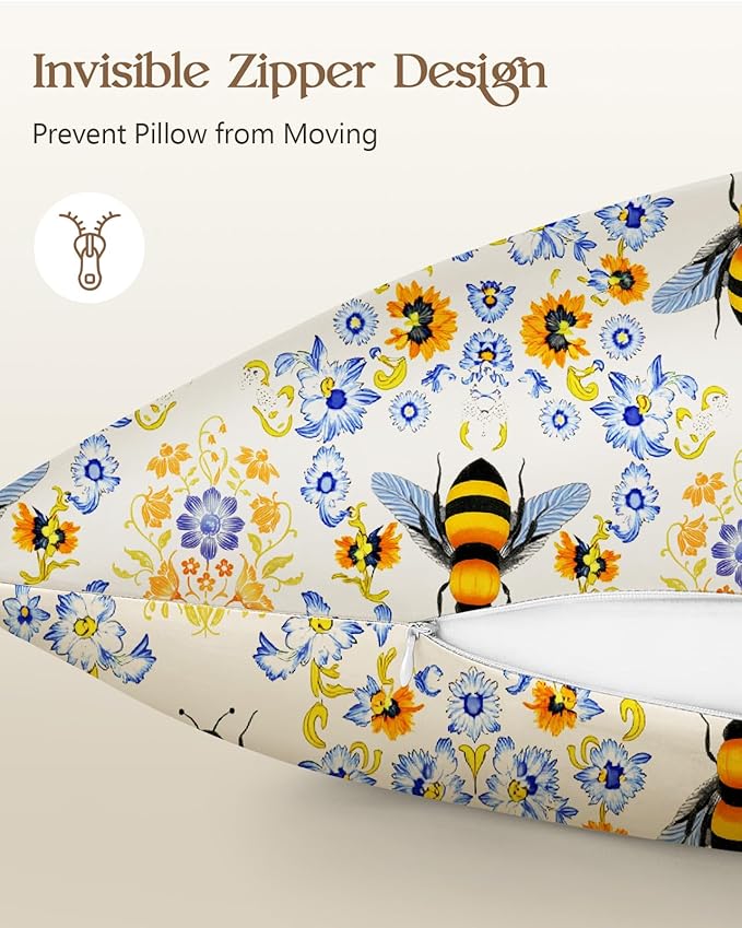 Silk Pillowcase 2 Pack - Pillow Cases 20" x 36" King Size Set of 2 for Hair and Skin Smooth Soft Breathable with Hidden Zipper Cooling Pillow Covers for Sleeping, Flower Bee