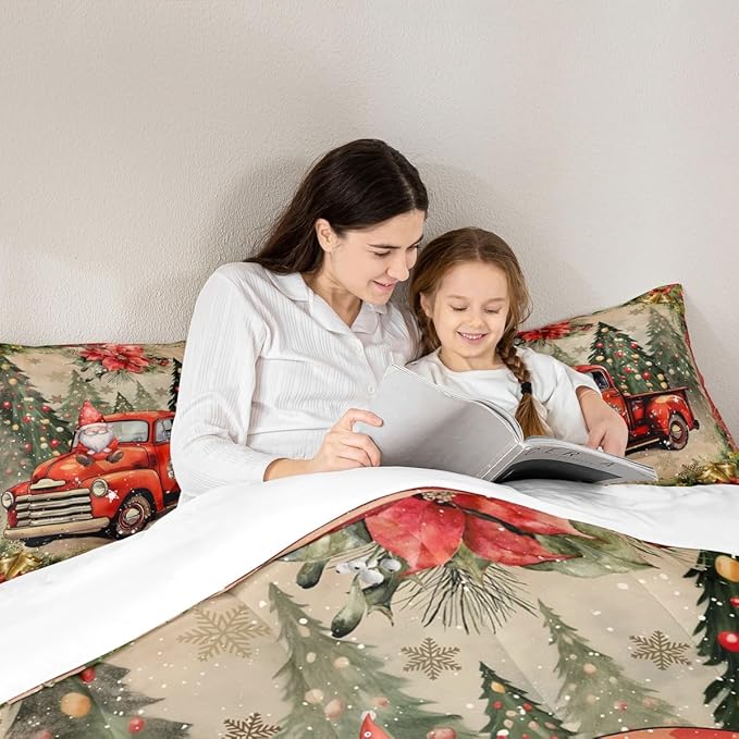 Manfei Red Truck Comforter Set Twin Size, Xmas Trees Santa Claus Snowflake Bedding Set 2pcs for Kids Boys Girls Room Decor, Christmas Theme Down Comforter New Year Quilt Set with 1 Pillowcase