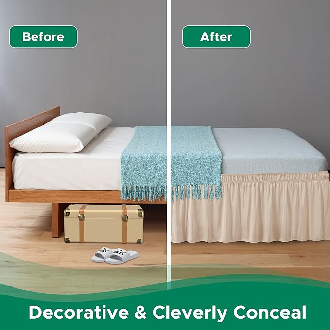 Biscaynebay Wrap Around Bed Skirts with Adjustable Belts for Twin & Twin XL Beds 15" Drop, Sand Elastic Dust Ruffles Easy Fit Wrinkle Resistant Silky Luxurious Fabric Machine Washable