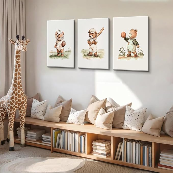 3Pcs Nursery Teddy Bear Canvas Wall Art Vintage Sports Bear Wall Decor Sports Boys'Room Artwork Prints Basketball Football Baseball Painting Pictures for Children's Room Boys' Room (12x16in Canvas)