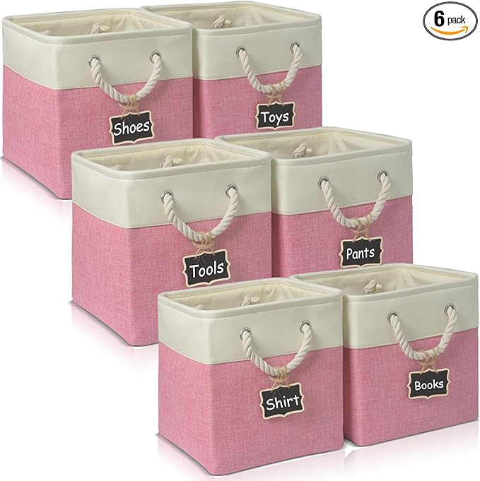 storage cubes 11x11x11[6 Pack],Fabric Storage Cubes with Rope Handles, Eco-Friendly Linen Collapsible Organizers for Closet, Nursery, Toys, Office, Bathroom – Dual Color Design.(White&Pink)