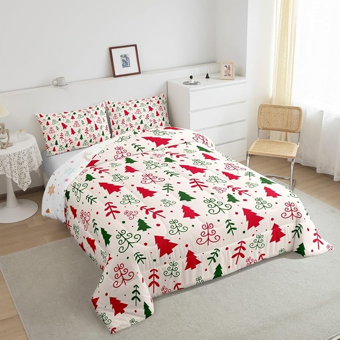 Castle Fairy Christmas Trees Comforter Set Queen Size,Red Green Pine Plant Hand Sketch Bedding Set for Women Adult,Winter Xmas Natural Botanical Luxury Bed Duvet Insert, 2 Pillowcases