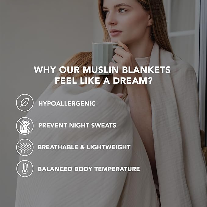 Goqan Muslin Blanket Twin 55x79 – 100% Cotton 4 Layer Boho Muslin Blanket for Adults, Lightweight, Soft, Breathable, for Bed, Couch - Beige