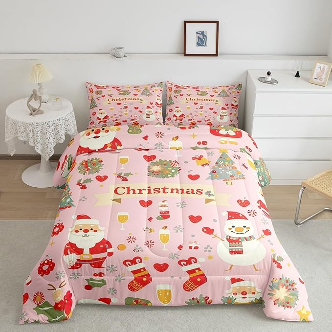 Feelyou Christmas Bedding Set for Kids Boys Girls King Size Cute Santa Claus Comforter Set Ultra Soft Comforter Xmas Tree Duvet Quilt Bedroom Decor Christmas Decor Quilt