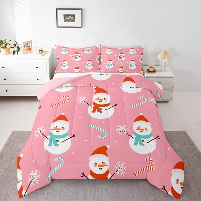 Feelyou Pink Christmas Bedding Set Soft for Boys Girls, Snowman Comforter Set Toddler Size Snowflake Duvet Quilt Microfiber Candy Cane Bedroom Decor 2 Pcs with 1 Pillow Cases