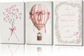 3Pcs Pink Nursery Canvas Wall Art Pictures Cute Baby Girls Room Posters Print Neutral Pink Bow Bouquet Hot Air Balloon Pastel Painting Wall Decor for Kids Room Little Girl Bedroom 12x16in Framed