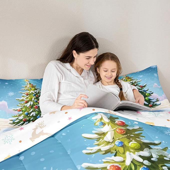 Feelyou Christmas Bedding Set Soft for Boys Girls, Xmas Tree Comforter Set Full Size Christmas Tree Ornaments Duvet Quilt Microfiber Winter Snowflake Bedroom Decor 3 Pcs with 2 Pillow Cases