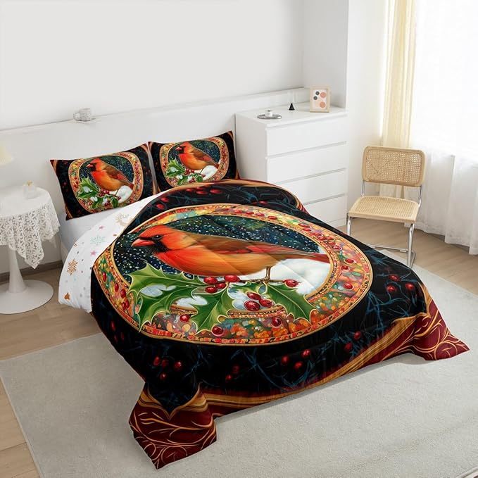 Feelyou Merry Christmas Comforter Set Twin Size Robin Bird Bedding Set for Kids Boys Girls Snowflake Duvet Quilt Winter Bedroom Decor Microfiber 2 Pcs with 1 Pillow Cases