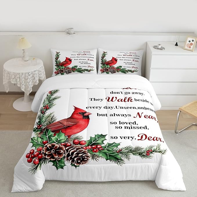 Red Cardinal Girl Bedding Set Twin Size,Christmas Birds Holly Pinecones Comforter Set,Berry Poinsettia Rustic Animal Quilt Comforter Girls Boys Teens,White Red Green Room Decor All Season,1 Pillowcase