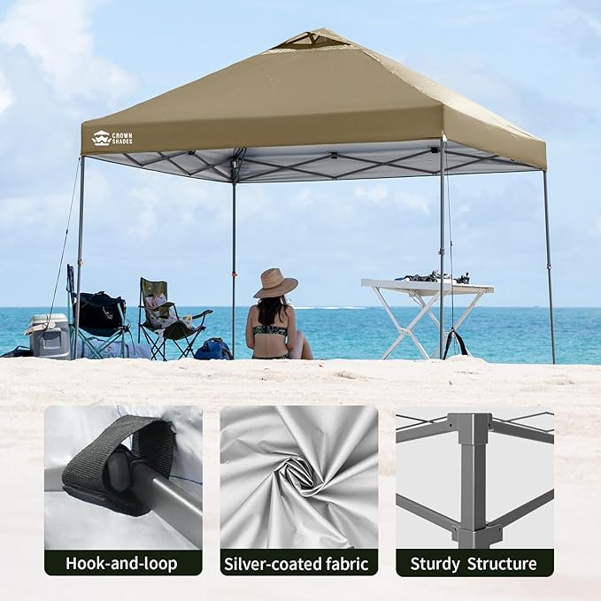 CROWN SHADES Adjustable Height on The Fly, 10x10 Pop Up Canopy - Beach Tent with One Push Setup - Easy Outdoor Sun Shade for Events, Parties, Camping - Outside Shade with STO-N-Go Bag, Khaki