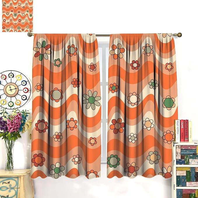 70s Boho Retro Curtains for Bedroom,Groovy Vintage Floral Rainbow Window Treatments Drapes for Kids Girls Window 52"" W X 84"" L, Style-6