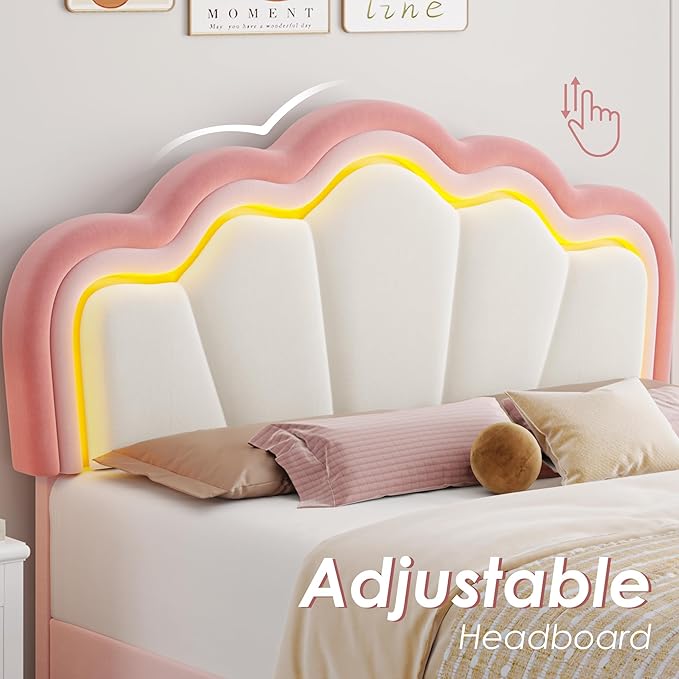 HOSTACK Full Upholstered LED Bed Frame with Storage Drawers, Cute Girls Bed with Adjustable Lotus Headboard, Velvet Princess Platform Bed Frame, Wooden Slats Support, No Box Spring Needed, Pink/Beige