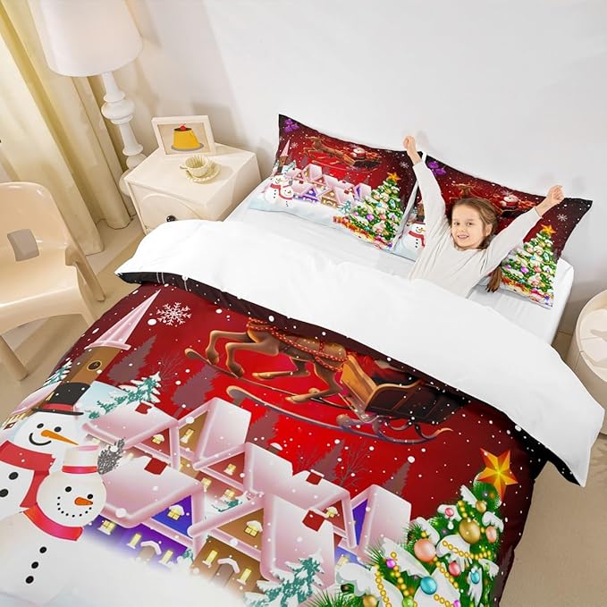Manfei Christmas Duvet Cover Set Twin Size, Snowman Xmas Tree Bedding Set for Kids Boys Girls, Santa Claus with Reindeer Comforter Cover New Year Theme Quilt Cover with 1 Pillowcase, No Comforter